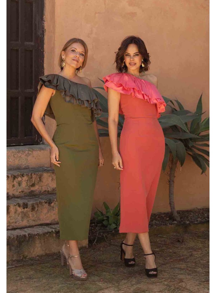 Midi party dress with asymmetrical neckline and maxi flounce