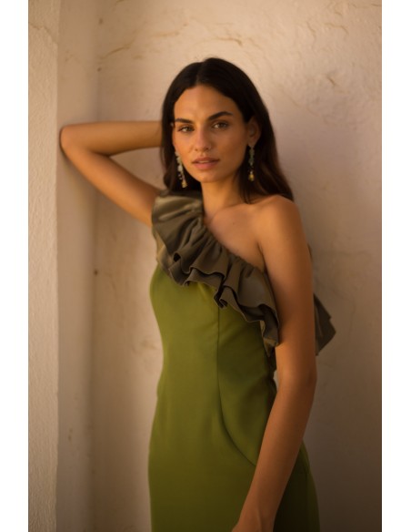 Midi party dress with asymmetrical neckline and maxi flounce