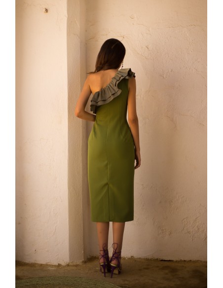 Midi party dress with asymmetrical neckline and maxi flounce