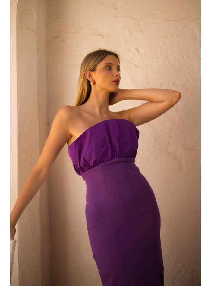 Purple midi party dress with ruffled taffeta neckline