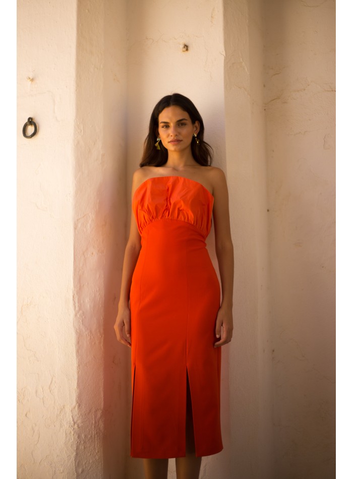 Robe de soirée midi orange avec volant en taffetas froissé