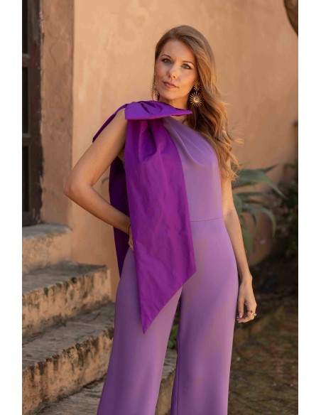 Purple long party jumpsuit with maxi lacing on the shoulder
