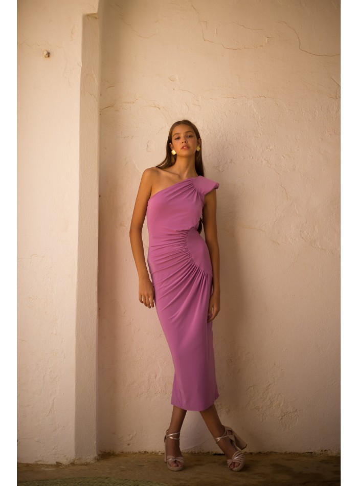 Purple midi party dress with asymmetrical neckline and draped bodice