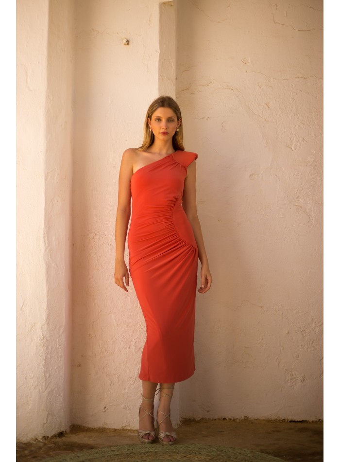 Orange knitted midi party dress with a shoulder pad
