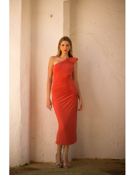 Vestido de fiesta midi naranja de punto con hombrera