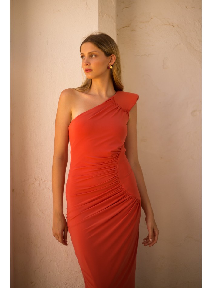 Robe de soirée midi en maille orange avec...