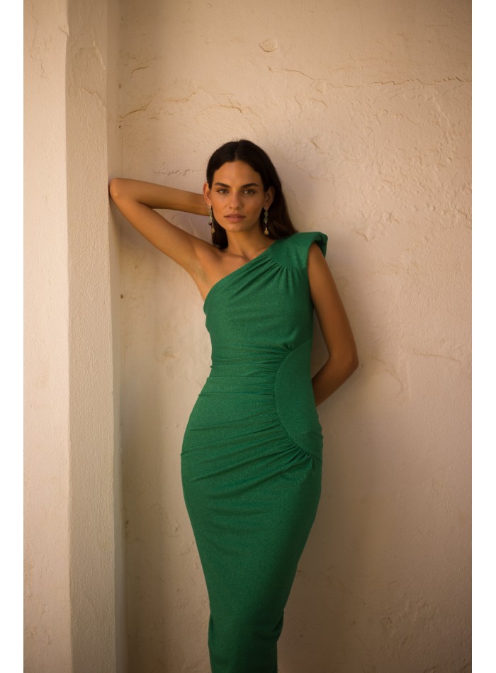 Midi party dress with asymmetrical neckline and draping