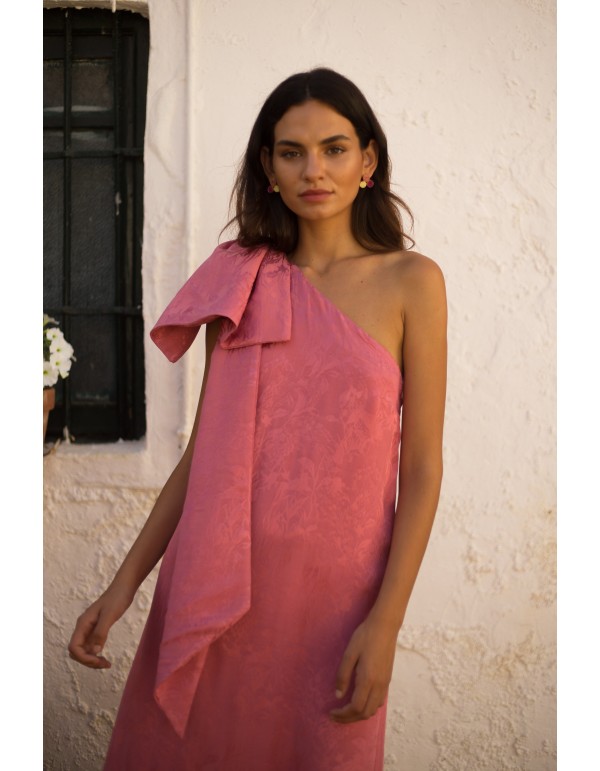 Vestido maxi con hombros descubiertos y volante superpuesto Caléndula