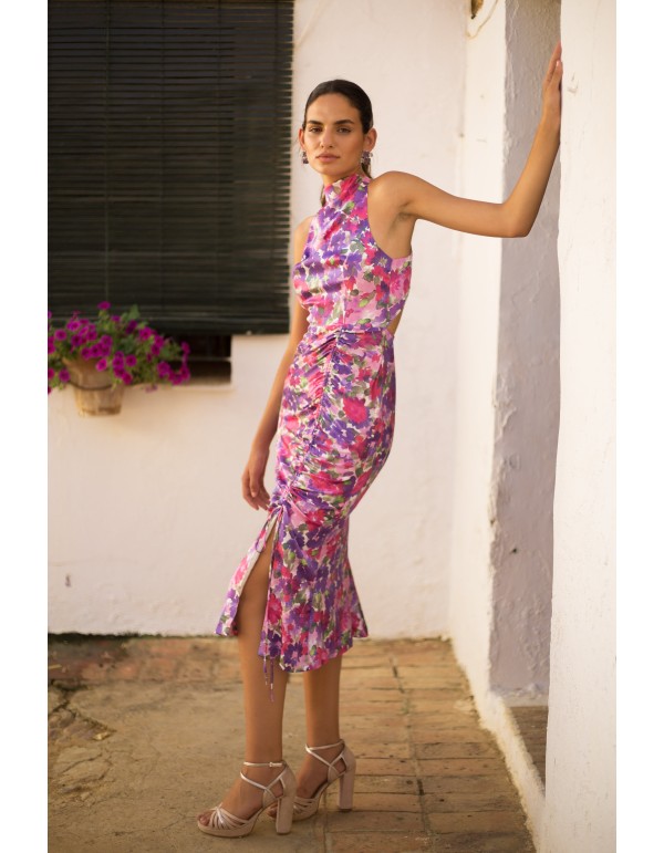Robe midi imprimée en satin à fleurs