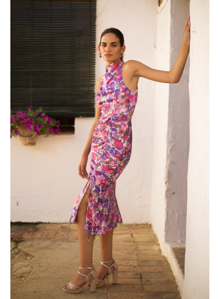 Satin midi party dress with floral print