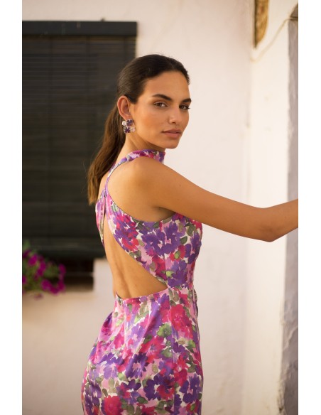 Satin midi party dress with floral print