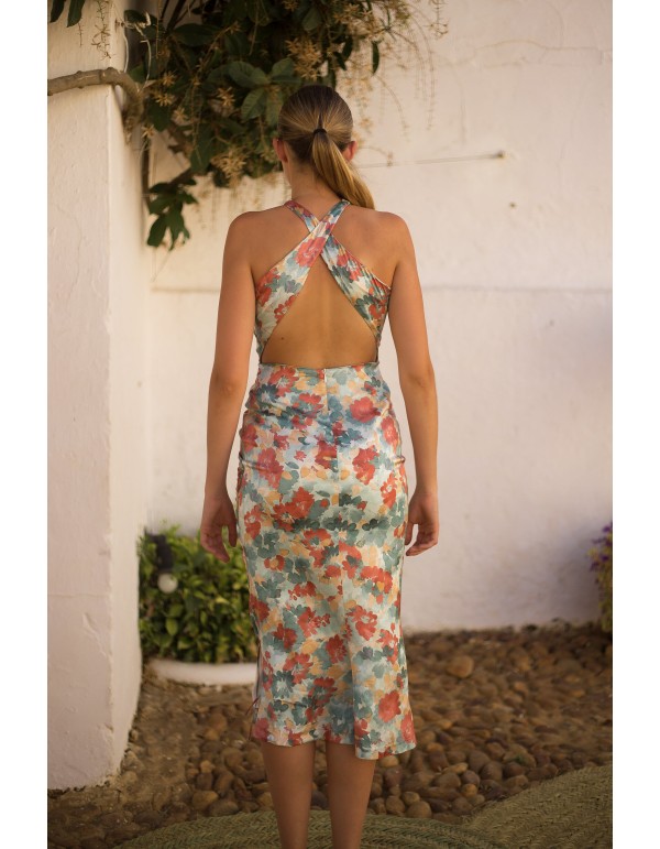 Vestido de fiesta midi estampado con escote halter 2