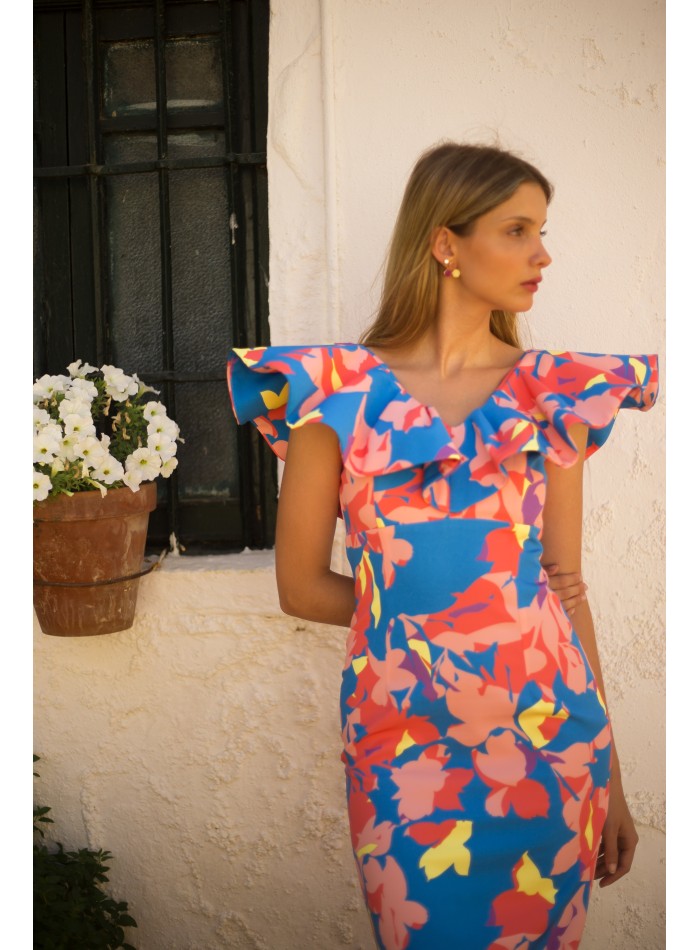 Vestido midi de fiesta con escote maxi volantes