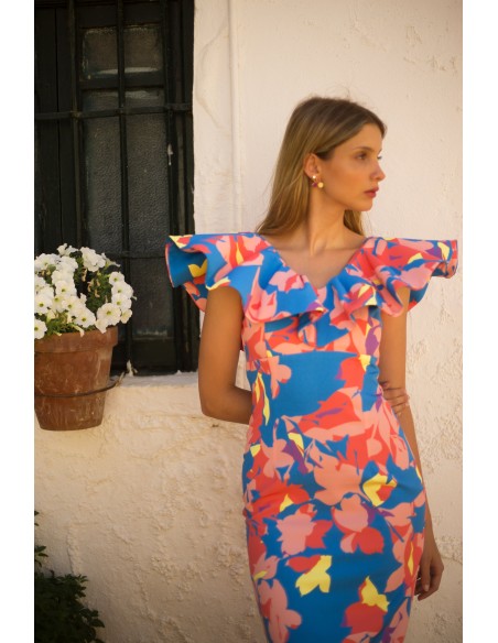 Vestido midi de fiesta con escote maxi volantes