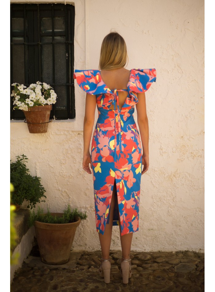 Midi party dress with maxi ruffle neckline