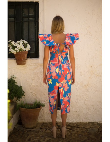 Vestido midi de fiesta con escote maxi volantes