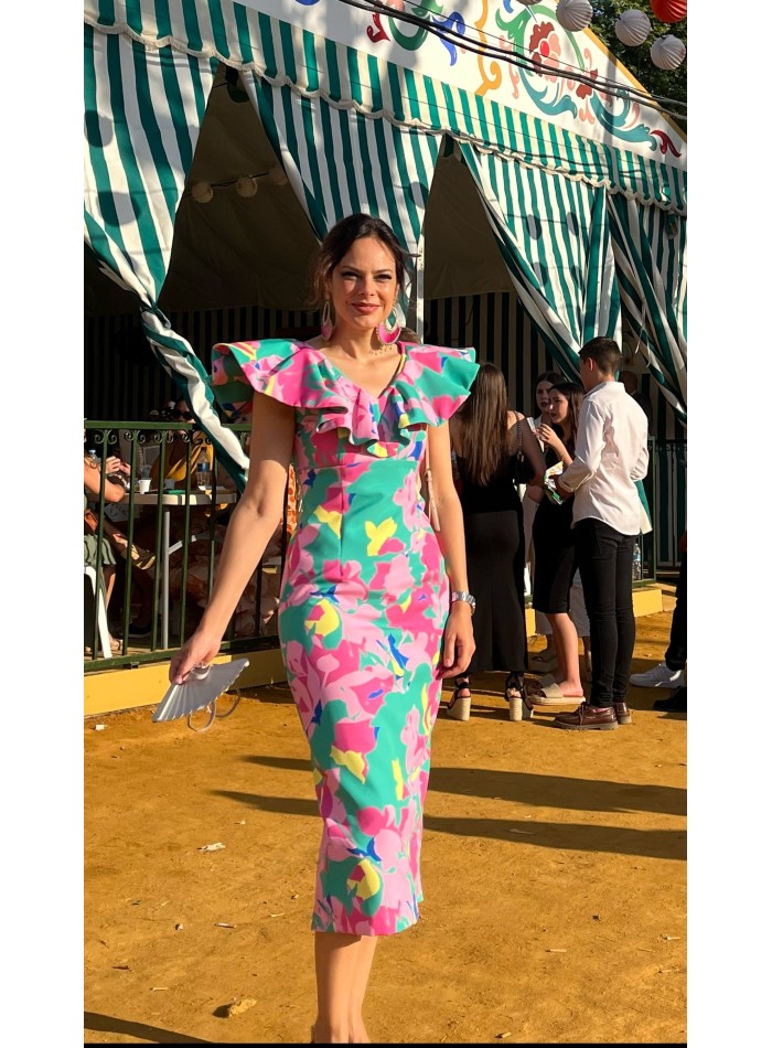 Robe de soirée midi à imprimé floral tropical