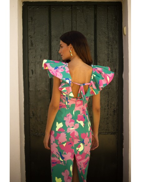 Robe de soirée midi à imprimé floral tropical