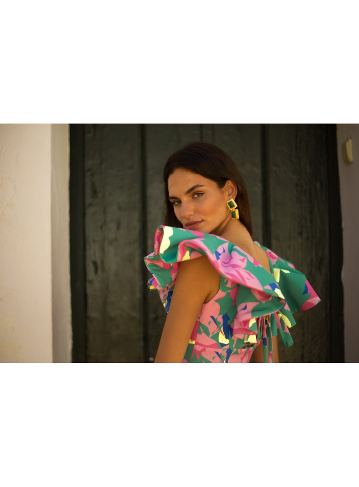 Vestido midi de fiesta estampado floral tropical
