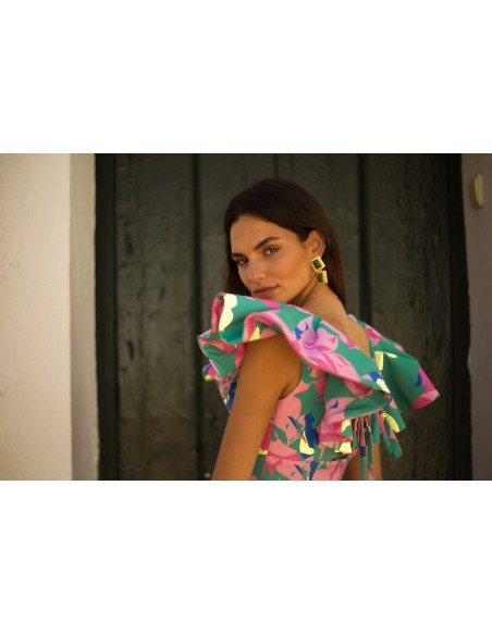 Vestido midi de fiesta estampado floral tropical