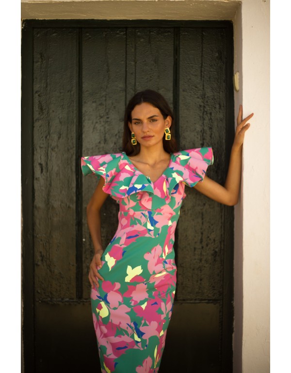 Tropical floral print midi party dress