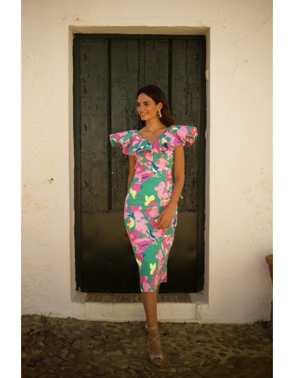 Tropical floral print midi party dress 2