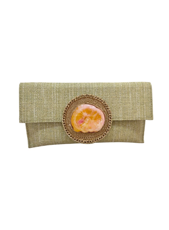 Olive green jute party clutch with stone clasp