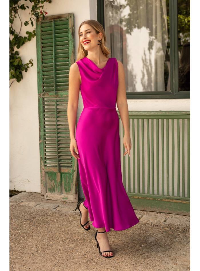 Robe de soirée midi en satin Bougainvillea avec encolure drapée