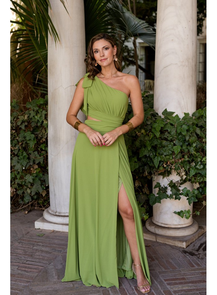 Lime green long party dress with asymmetric neckline