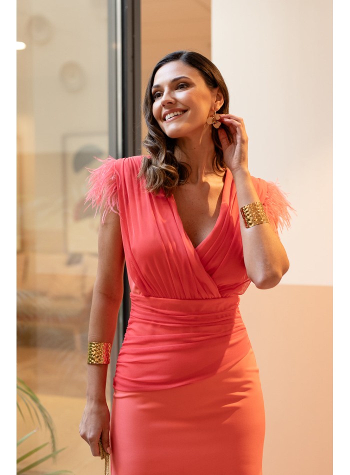 Coral midi party dress with crossover neckline and feathers