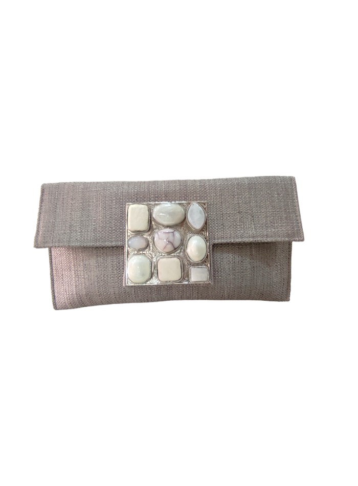 Pochette de fête en jute gris perle avec fermeture en galet