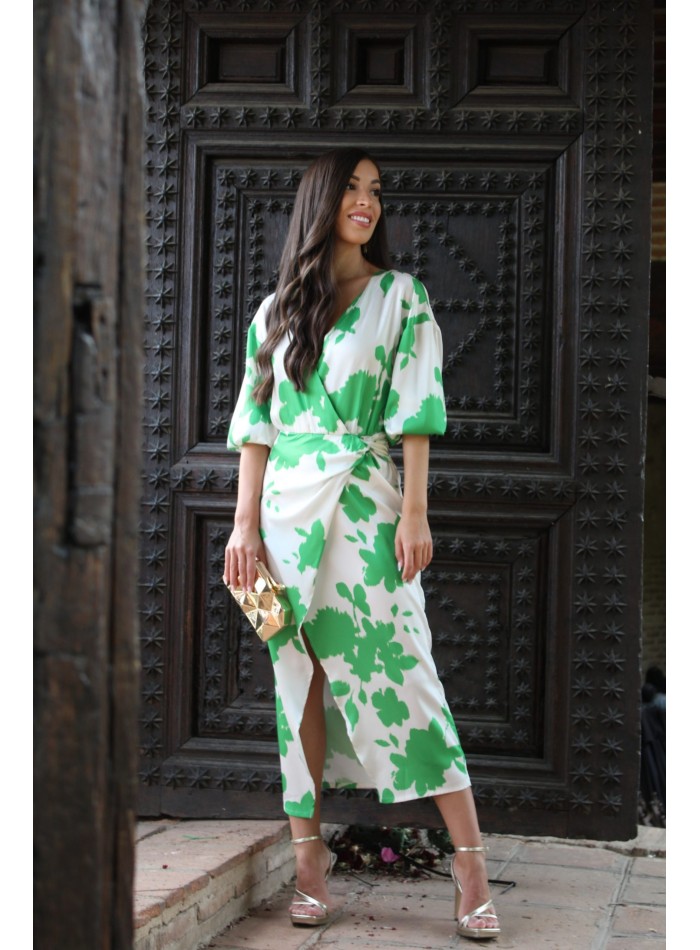 Robe midi blanche à imprimé floral vert