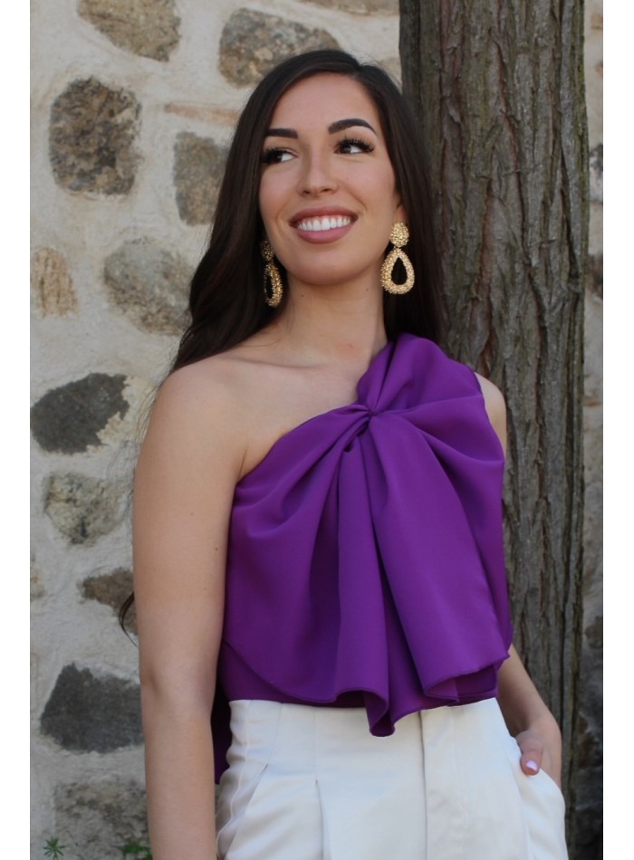 Purple party blouse with asymmetrical neckline and maxi bow