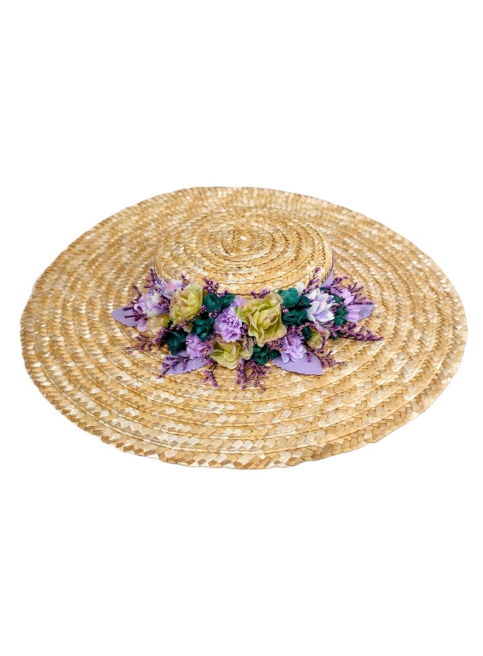 Beige wide straw hat with mauve and green flowers