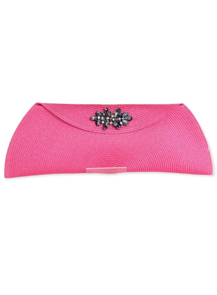 Fuchsia raffia party clutch embellished with rhinestones