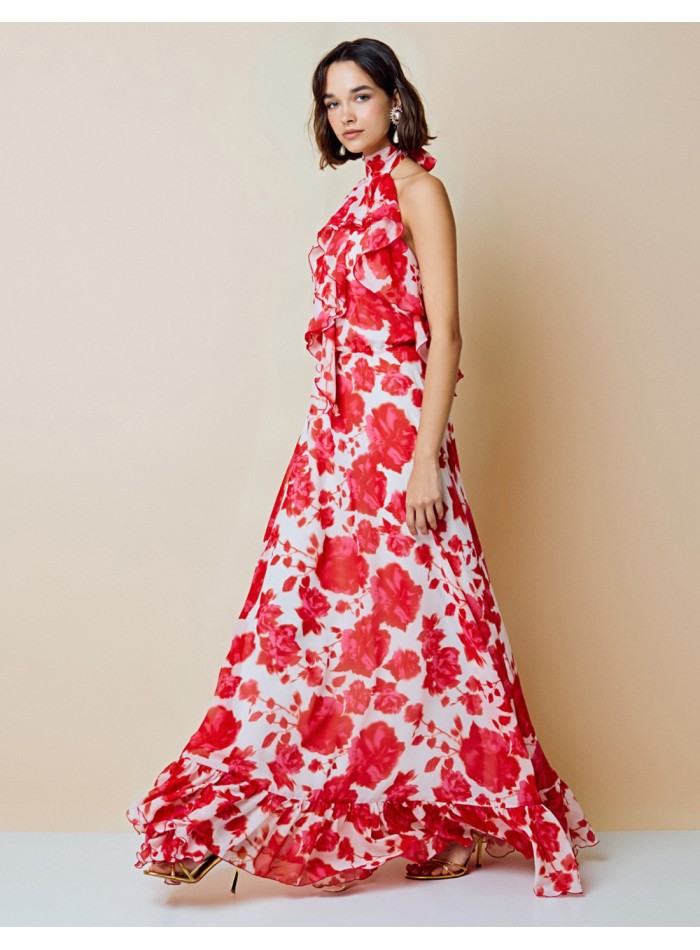 Vestido de fiesta largo vaporoso estampado con cuello halter y espalda descubierta para invitada