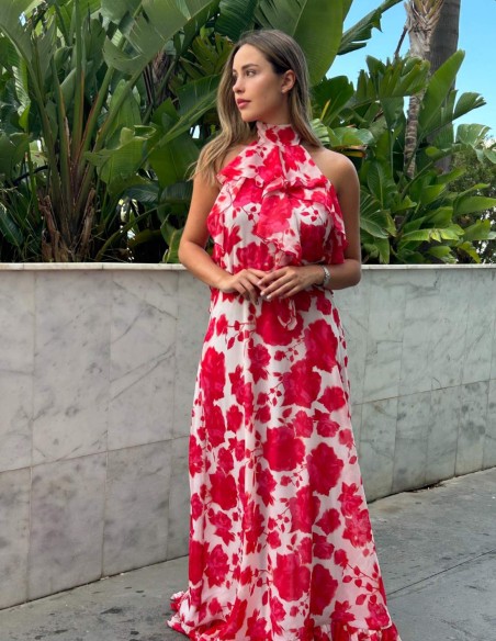 Gown party dress with halter neckline and open back print
