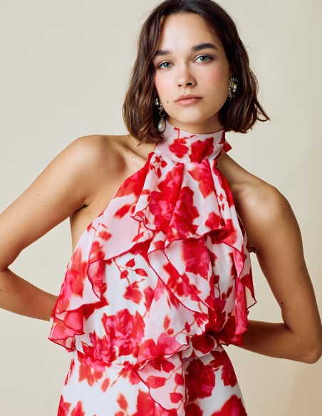 Vestido de fiesta largo vaporoso estampado con cuello halter y espalda descubierta