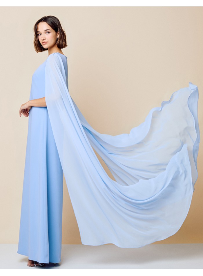 Long party dress with round neckline and cape...