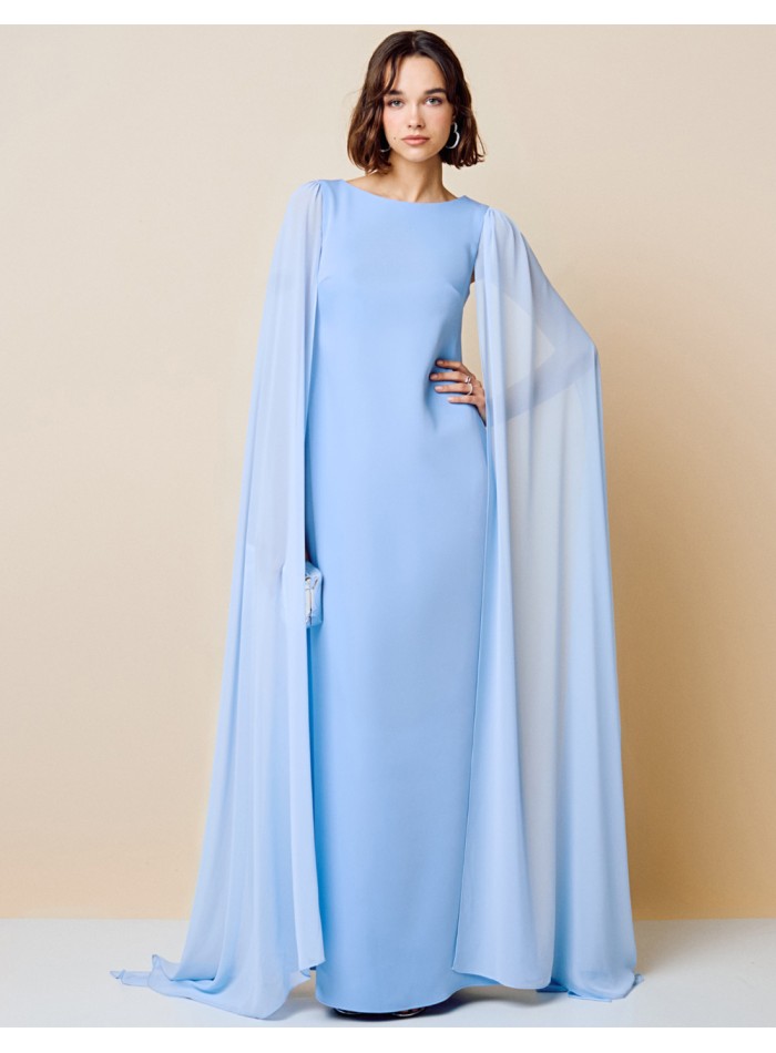 Long party dress with round neckline and cape sleeves