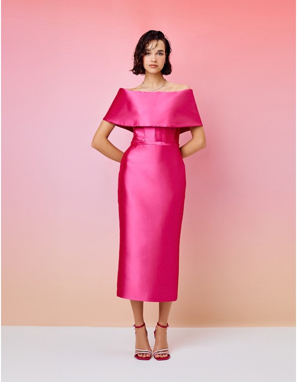 Vestido de fiesta midi con escote bardot y detalle cinturón