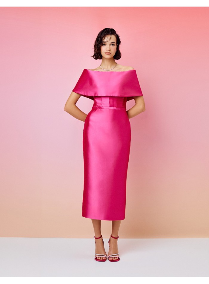 Midi party dress with bardot neckline and belt detail