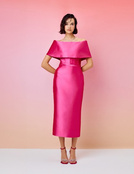 Vestido de fiesta midi con escote bardot y detalle cinturón Vestido de fiesta midi con escote bardot y detalle cinturón