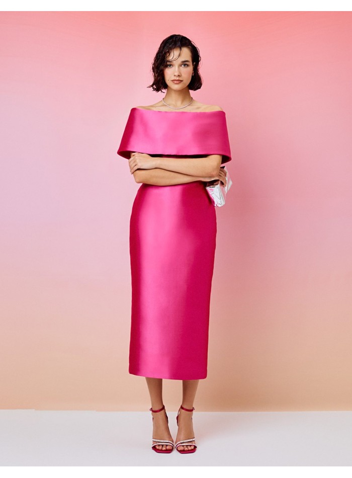 Robe de soirée midi avec encolure bardot et...