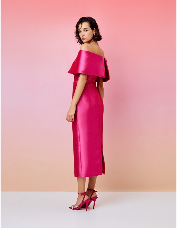 Vestido de fiesta midi con escote bardot y detalle cinturón 2