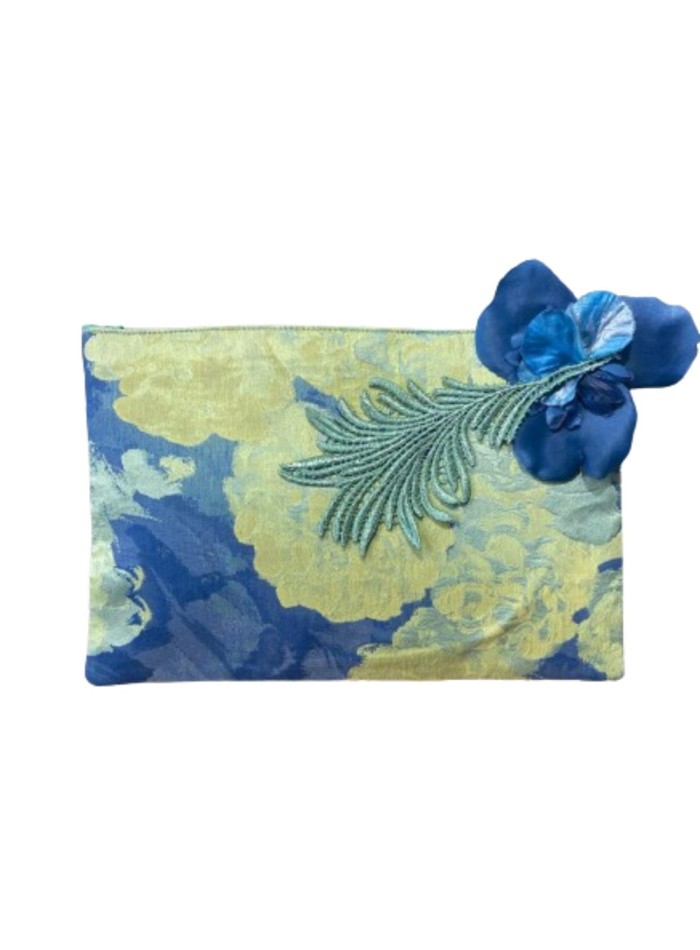 Blue and green jaquard party clutch with floral embellishment