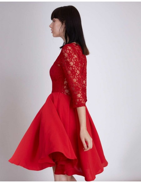 Vestido de cóctel rojo de encaje y falda de vuelo de Lauren Lynn London - INVITADISIMA