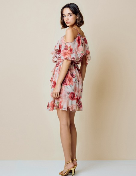Vestido corto de fiesta estampado con detalle volantes