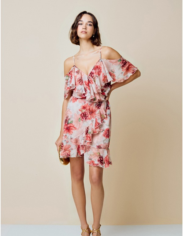 Vestido corto de fiesta estampado con detalle volantes