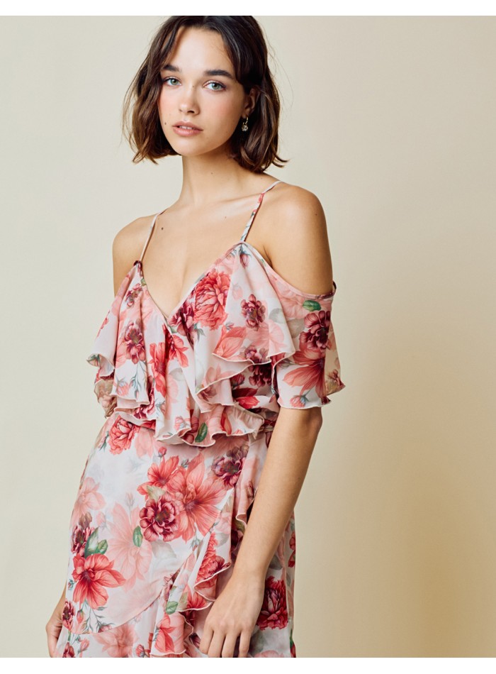 Robe courte imprimée avec détails à volants